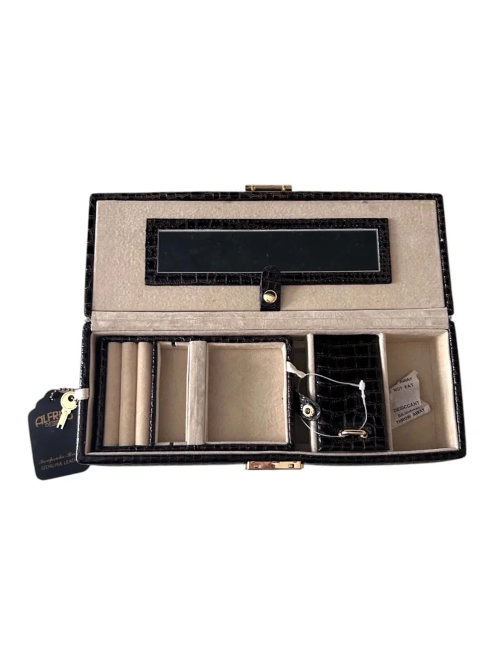 NWOT Alfred Design Keepsake Jewelry Box Genuine Croc Embossed Leather w/ Key